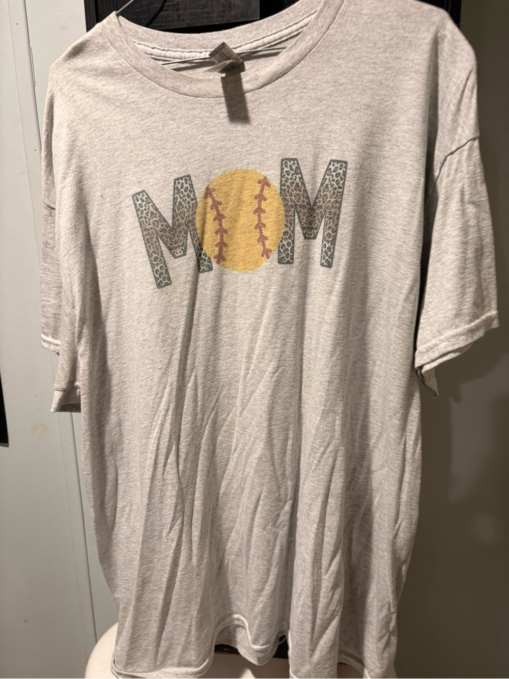 Gildan Women's Cream Tee with Leopard 'MOM' and Yellow Softball Graphic